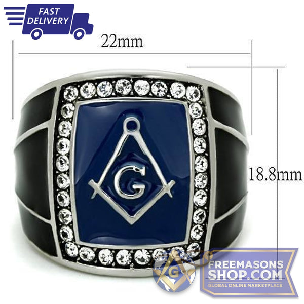 Masonic Ring Polished Stainless Steel Ring Crystal | FreemasonsShop.com | Ring