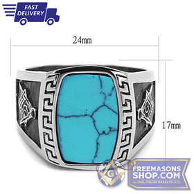 Polished Stainless Steel Synthetic Turquoise Masonic Ring