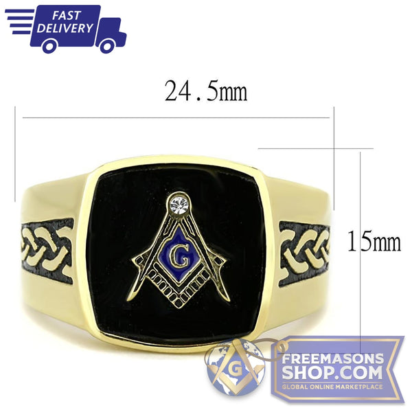 Gold Steel Masonic Ring Synthetic Onyx | FreemasonsShop.com | Ring