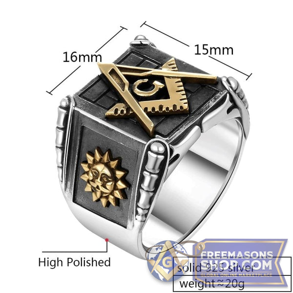 Vintage Sterling Silver Masonic Ring Sun & Moon | FreemasonsShop.com |