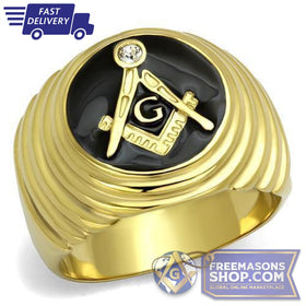 Masonic Stainless Steel Gold Ring with Crystal