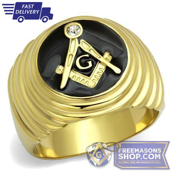Masonic Stainless Steel Gold Ring with Crystal | FreemasonsShop.com | Ring