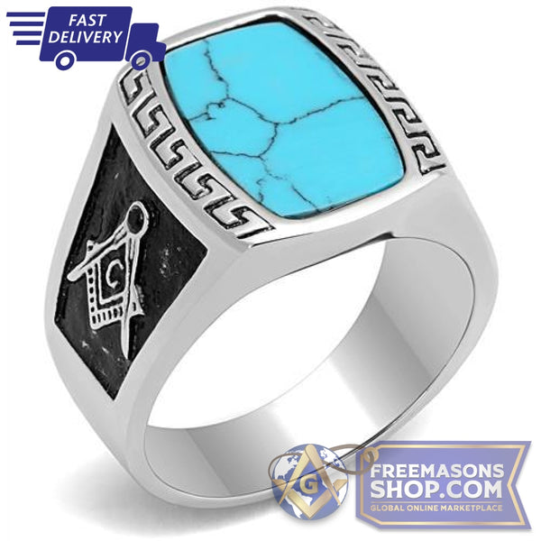 Polished Stainless Steel Synthetic Turquoise Masonic Ring | FreemasonsShop.com | Ring