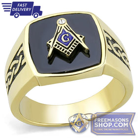 Gold Steel Masonic Ring Synthetic Onyx