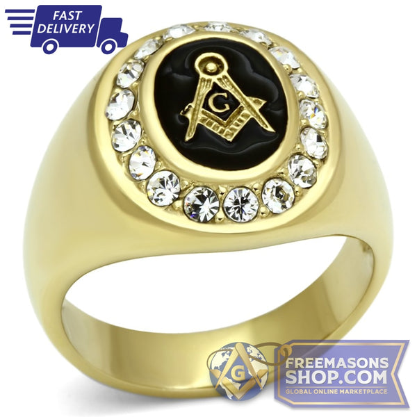 Gold Stainless Steel Masonic Ring Crystal | FreemasonsShop.com | Ring