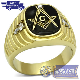 Stainless Steel Gold Freemasons Ring Top Grade Crystal