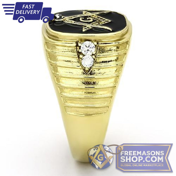 Stainless Steel Gold Freemasons Ring Top Grade Crystal | FreemasonsShop.com | Ring