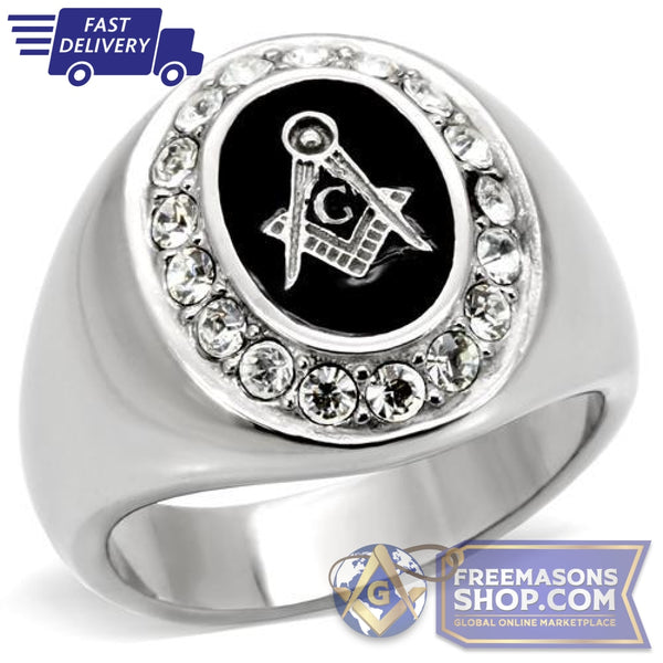 Polished Masonic Stainless Steel Crystals Ring | FreemasonsShop.com | Ring