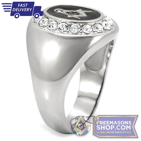 Polished Masonic Stainless Steel Crystals Ring | FreemasonsShop.com | Ring