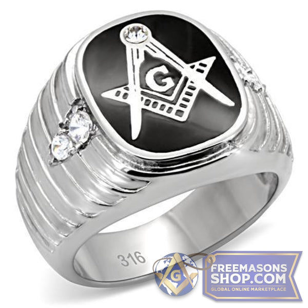 Stainless Steel Masonic Ring with Crystals | FreemasonsShop.com | Ring